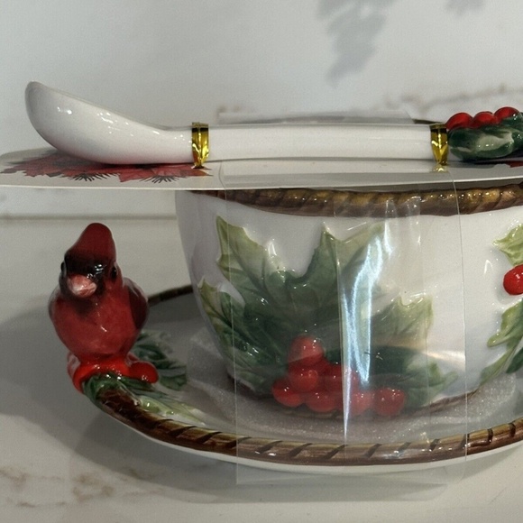 Corner Ruby CR Teacup & Saucer, Spoon Set Holiday Collection - Holly & Cardinal - Picture 3 of 5